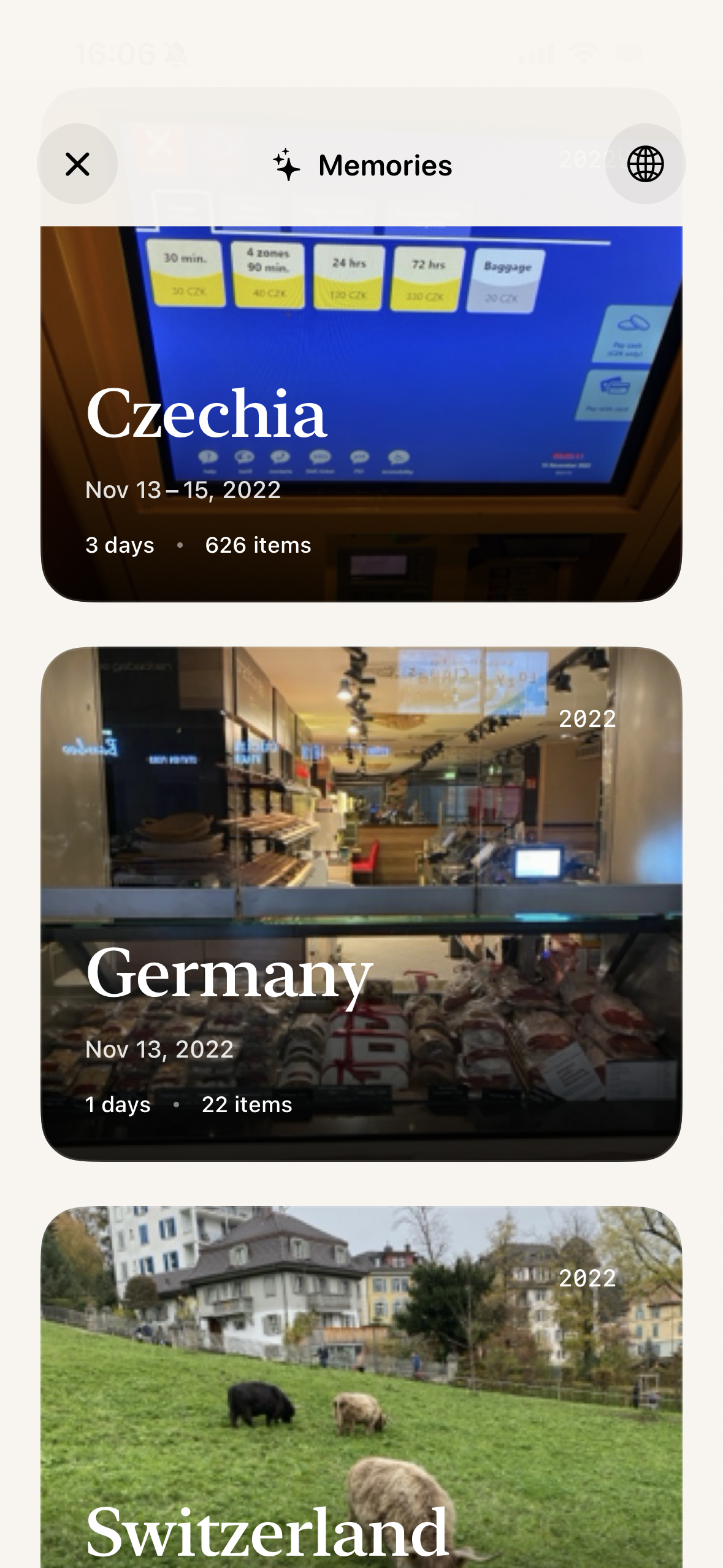 Memories showing travel photos and videos grouped by country