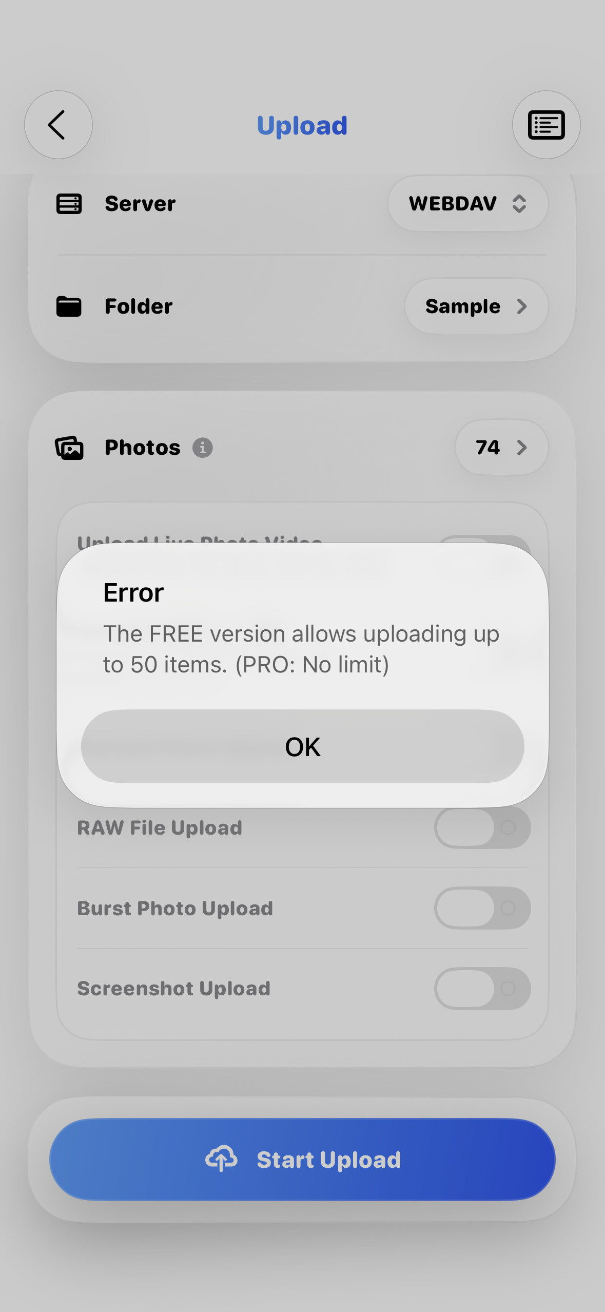 Upload selection limit before PRO